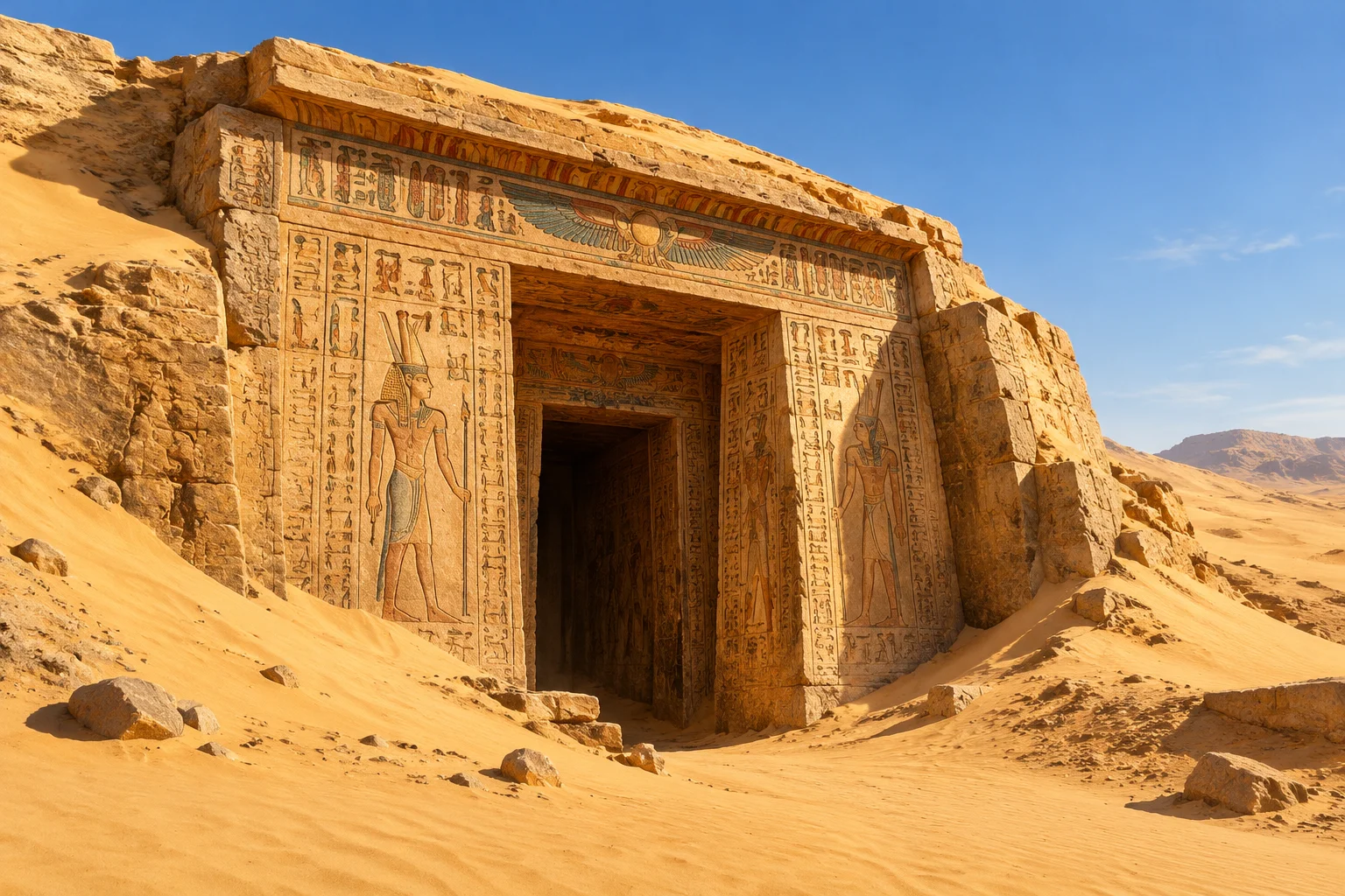 Historical Icons Buried in Unmarked Graves: 20 Famous Figures Without a Marker 2 An ancient Egyptian royal tomb entrance half-buried in sand under a clear desert sky, no people, archaeological illustration style, warm golden light.