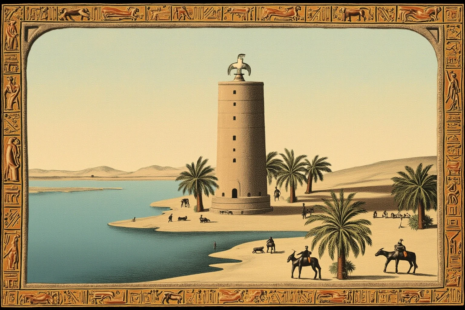 An ancient Egyptian scene showing a tall cylindrical pigeon tower along the Nile River with palm trees and hieroglyphic-style border decoration