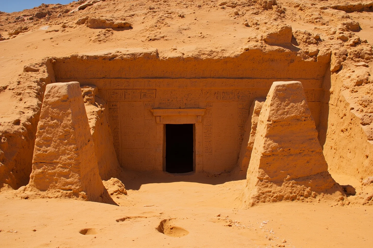 An ancient Egyptian temple entrance half-buried in sand with carved hieroglyphs, warm desert light, no people