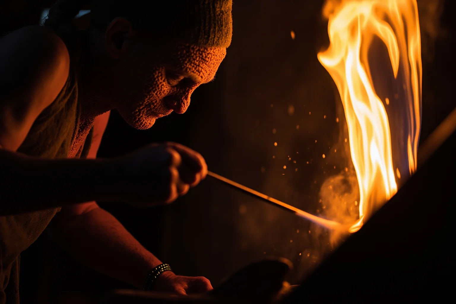 An ancient glassmaker blowing a glass vessel beside a glowing furnace