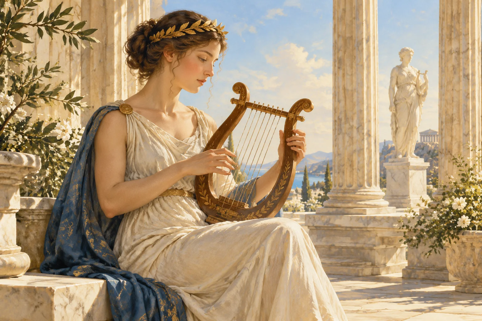 An ancient Greek muse playing a lyre in a sunlit temple courtyard, classical illustration style.