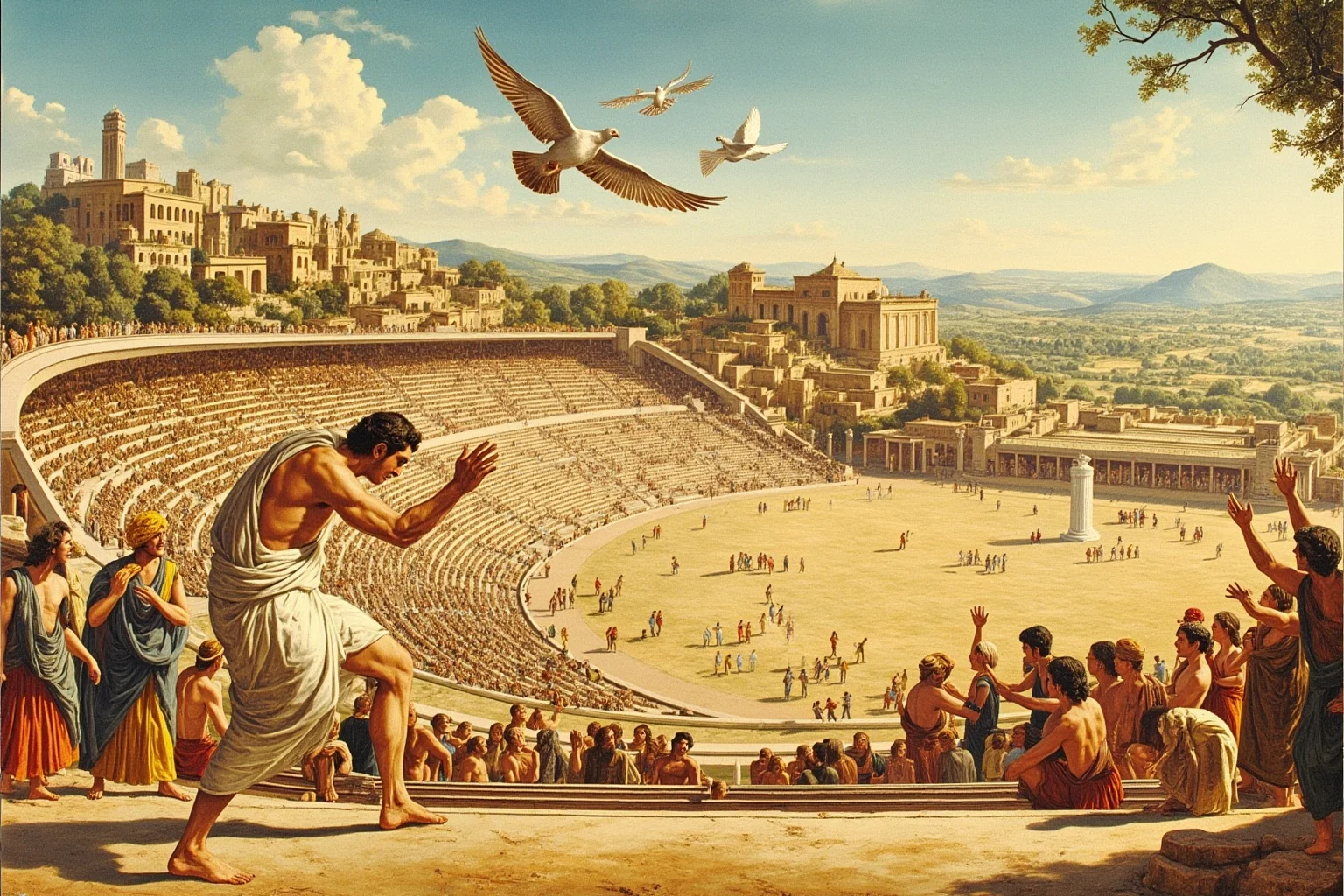 An ancient Greek Olympic scene with an athlete in a stadium releasing a pigeon toward distant city-state buildings on a hillside