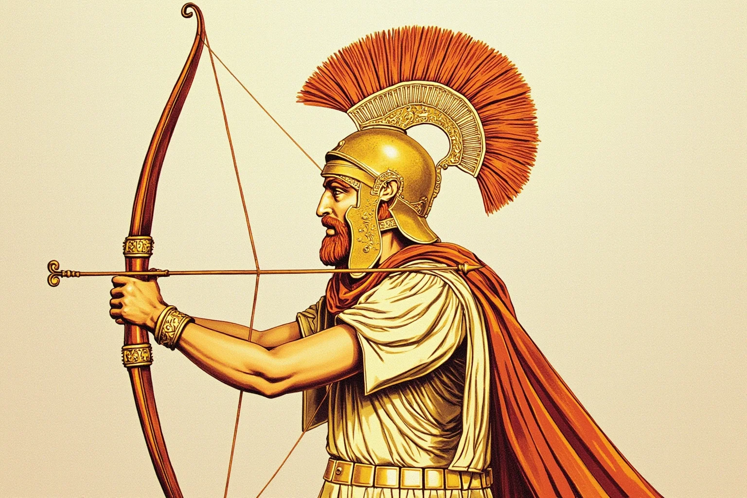 An ancient Greek soldier holding a belly-bow crossbow, museum-style illustration