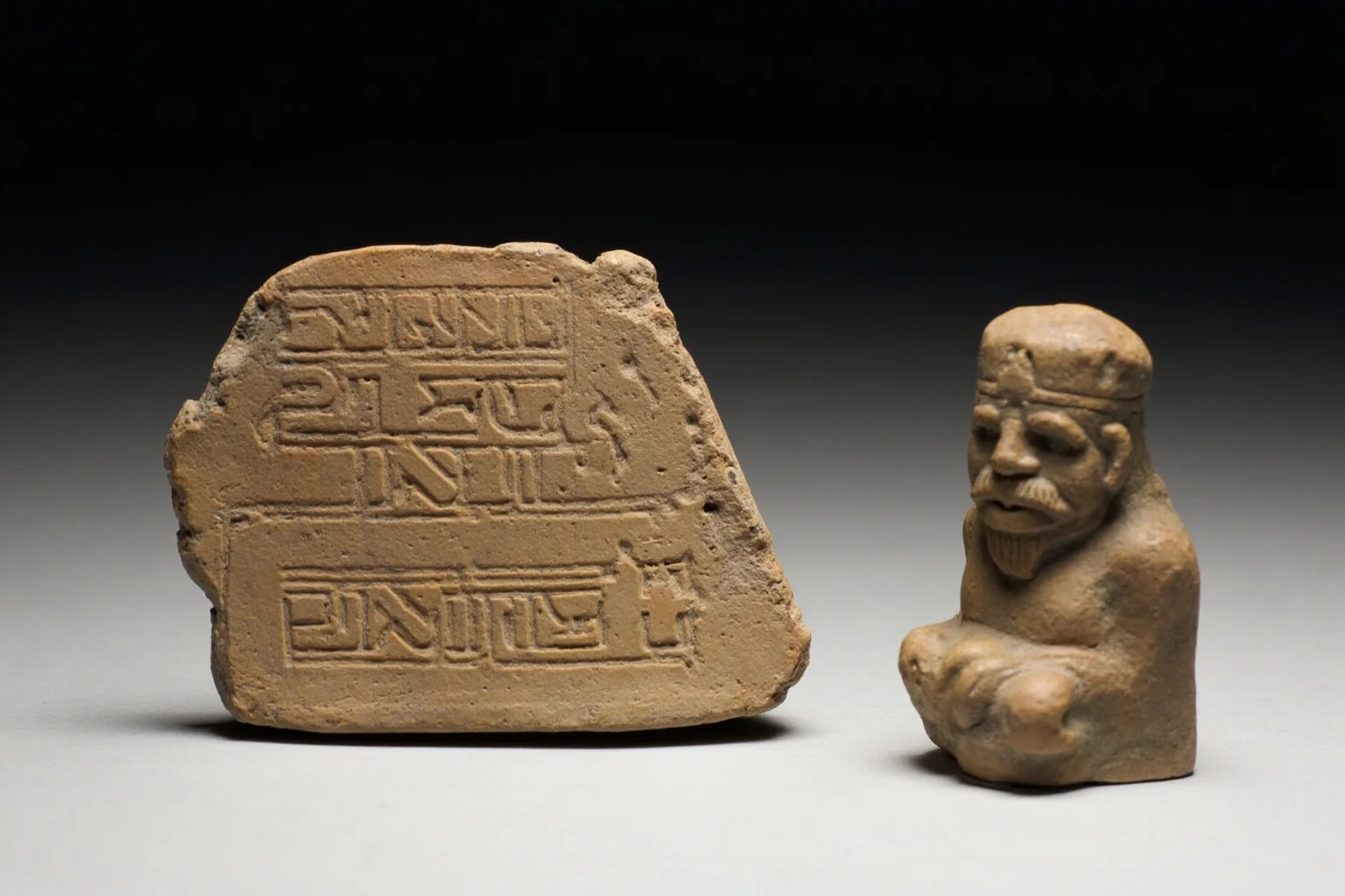 Earliest Laws We Still Practice Today: 10 First Law Codes That Shaped Modern Rules 5 An ancient Mesopotamian clay tablet fragment with cuneiform writing, displayed beside a small carved figure of a king.