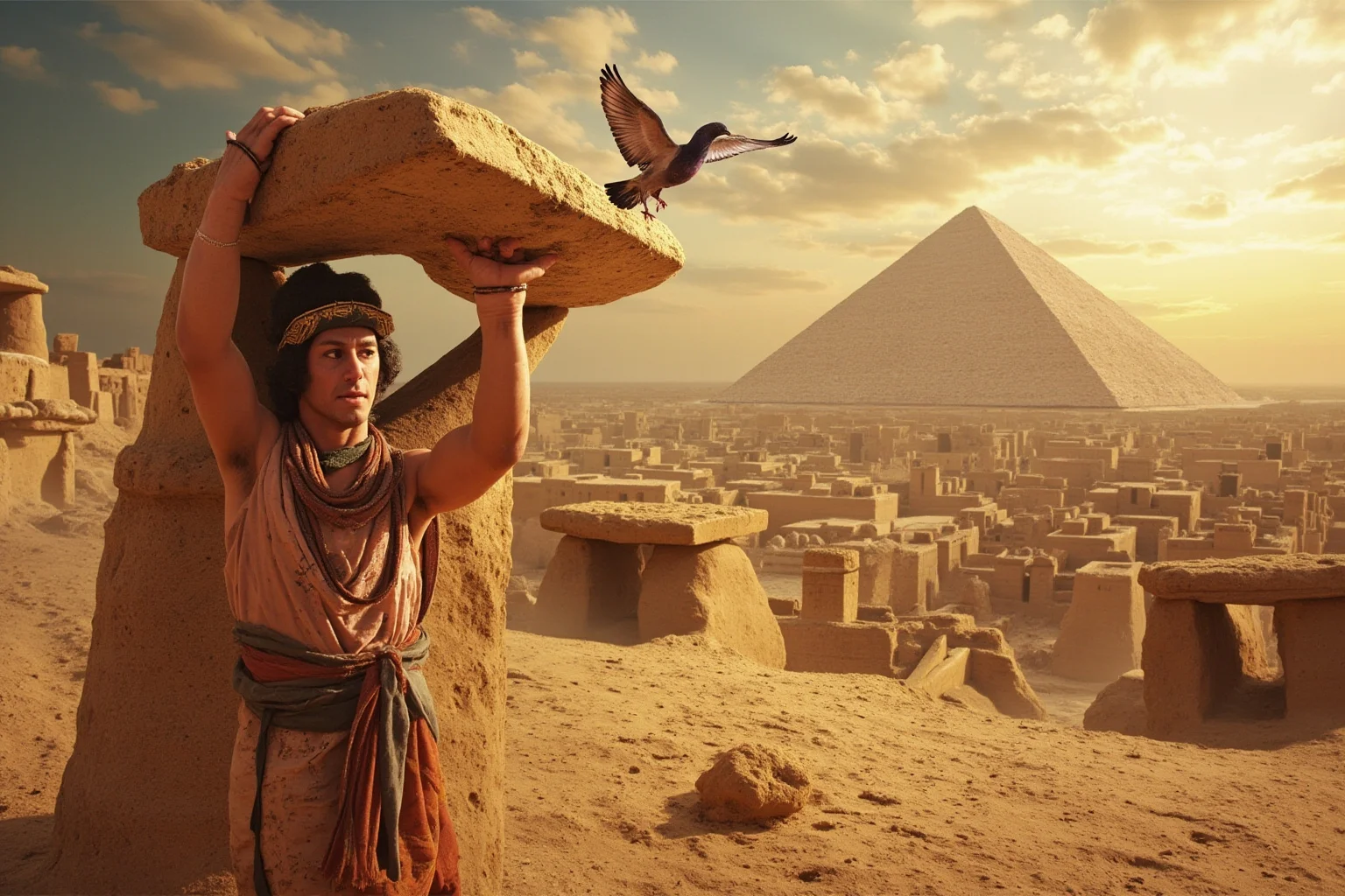 An ancient Mesopotamian scene with a ziggurat in the background and a figure releasing a pigeon from a clay loft structure