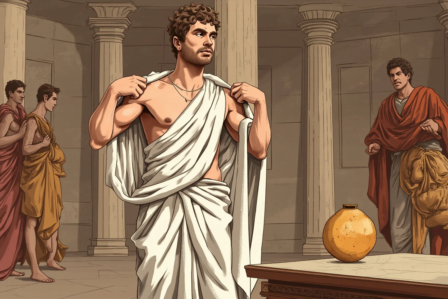 An ancient Roman family scene where a teenage boy puts on a plain white toga while a bulla pendant sits on a table, marble atrium, illustrated historical style