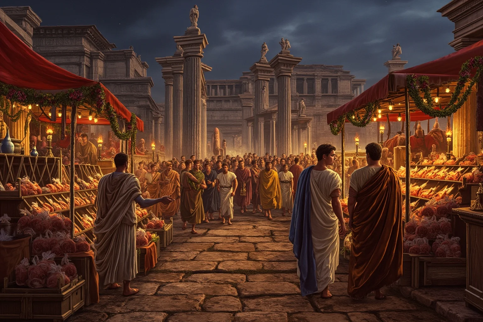 The Origins of Public Holidays and How They Began 2 An ancient Roman festival scene in a stone forum at dusk, garlands and small gift bundles on market stalls, generic toga-clad celebrants, warm torchlight, historical illustration style, no recognizable individuals.