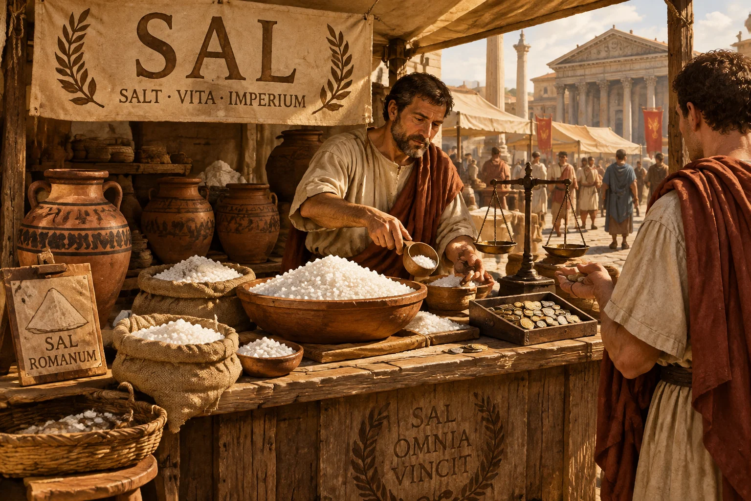 An ancient Roman market stall selling salt, with clay pots and coins, warm sepia tones, historical illustration style.