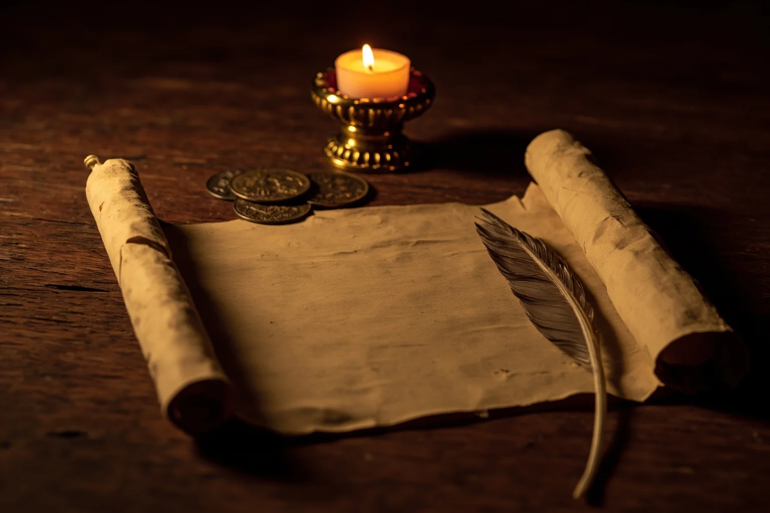 An ancient scroll and quill on a wooden desk with Roman coins, warm candlelight, still life