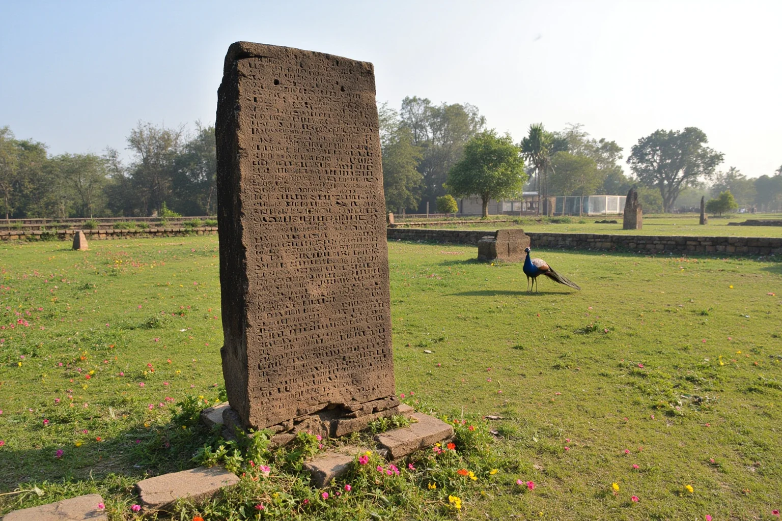 Earliest Laws We Still Practice Today: 10 First Law Codes That Shaped Modern Rules 11 An ancient stone pillar carved with edicts standing in an Indian landscape, with a peacock and scattered flowers nearby.