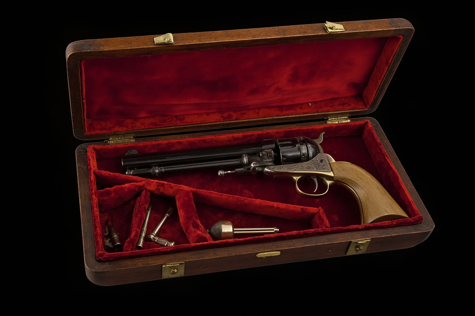 An antique dueling pistol set in a velvet-lined wooden case, dramatic side lighting, no people.