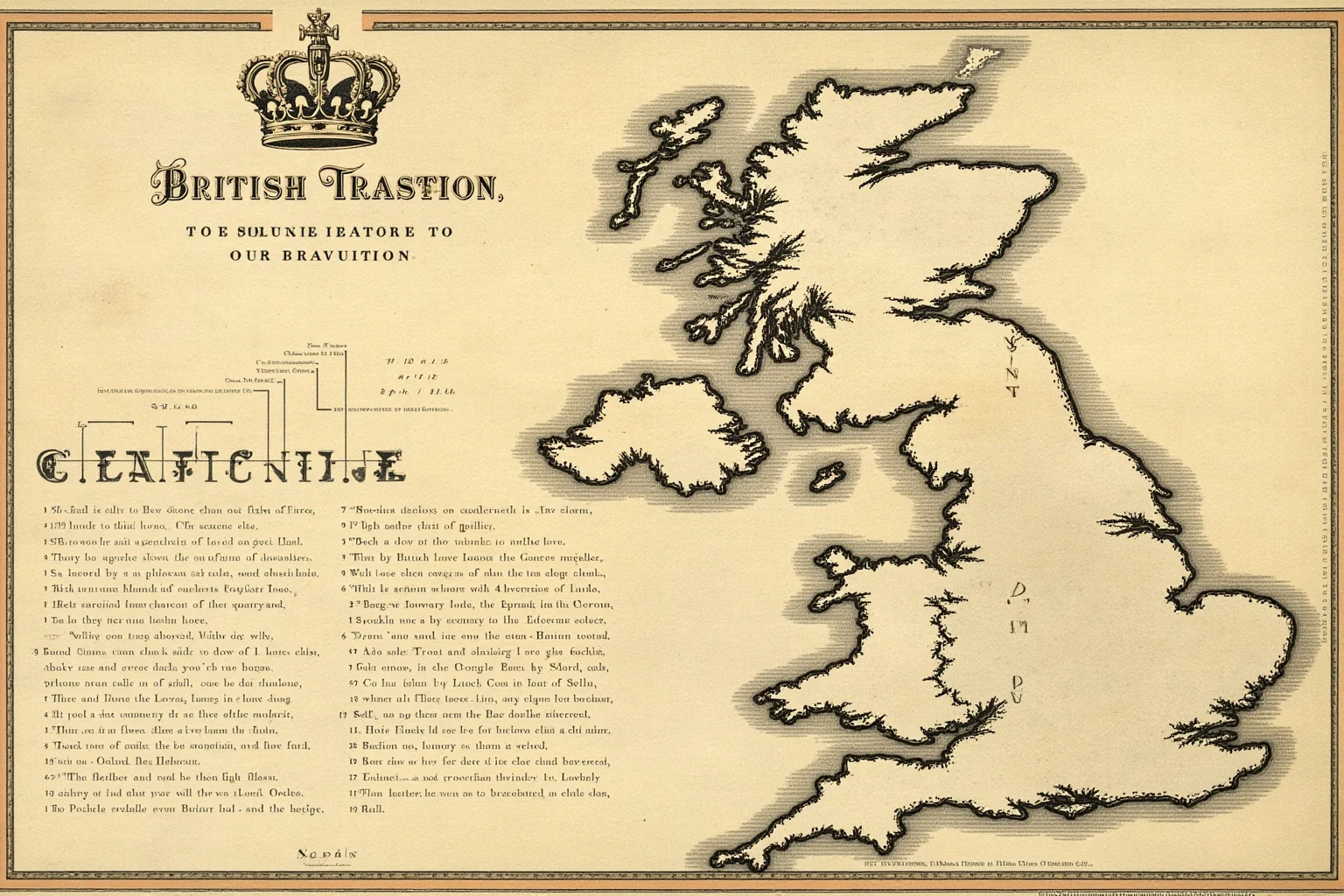 Facts You Didn't Know About Queen Elizabeth II, the World's Second-Longest Reigning Monarch 7 An antique map of the British Isles with a crown motif and a timeline overlay, historical infographic style