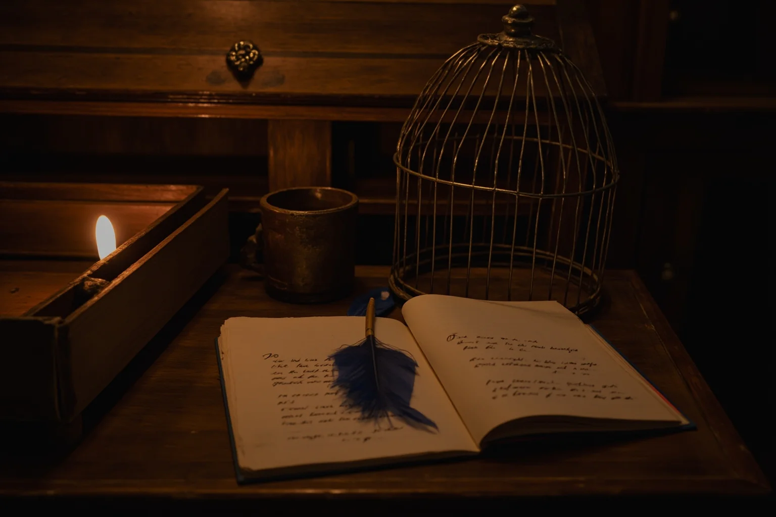 An antique writing desk with a quill, an open birdcage, and an old book, warm candlelit room, no people.