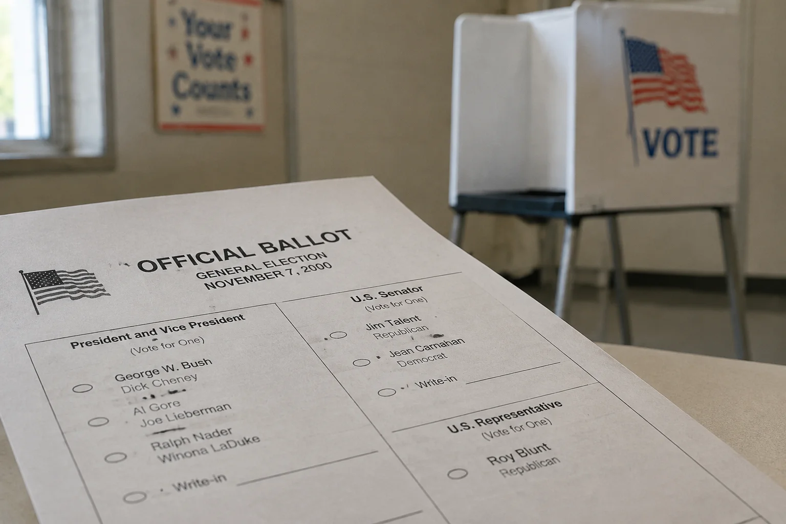 The Election Decided By A Dead Man: The True Story of Missouri's 2000 Senate Race 4 An archival-style graphic of a generic 2000-era paper ballot and voting booth, shallow depth of field, neutral lighting.