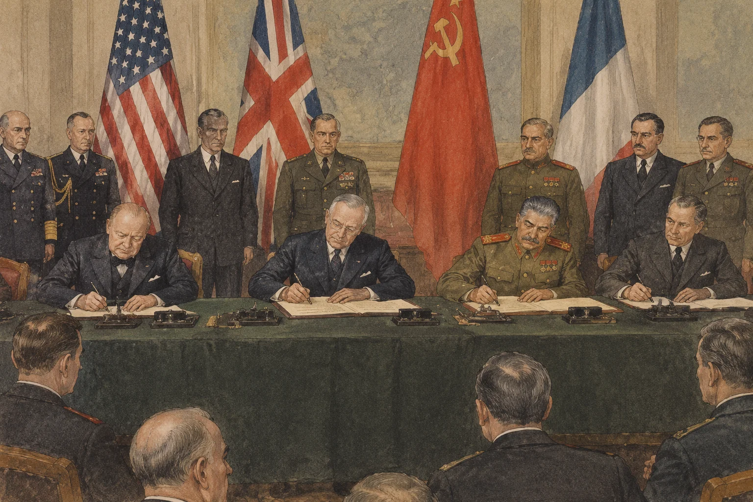 Reasons We're In The Most Peaceful Time In History: 10 Reasons It Doesn't Feel Like It 2 An archival-style illustration of world leaders signing a document at a long table in 1945, with muted colors suggesting historical textbook art
