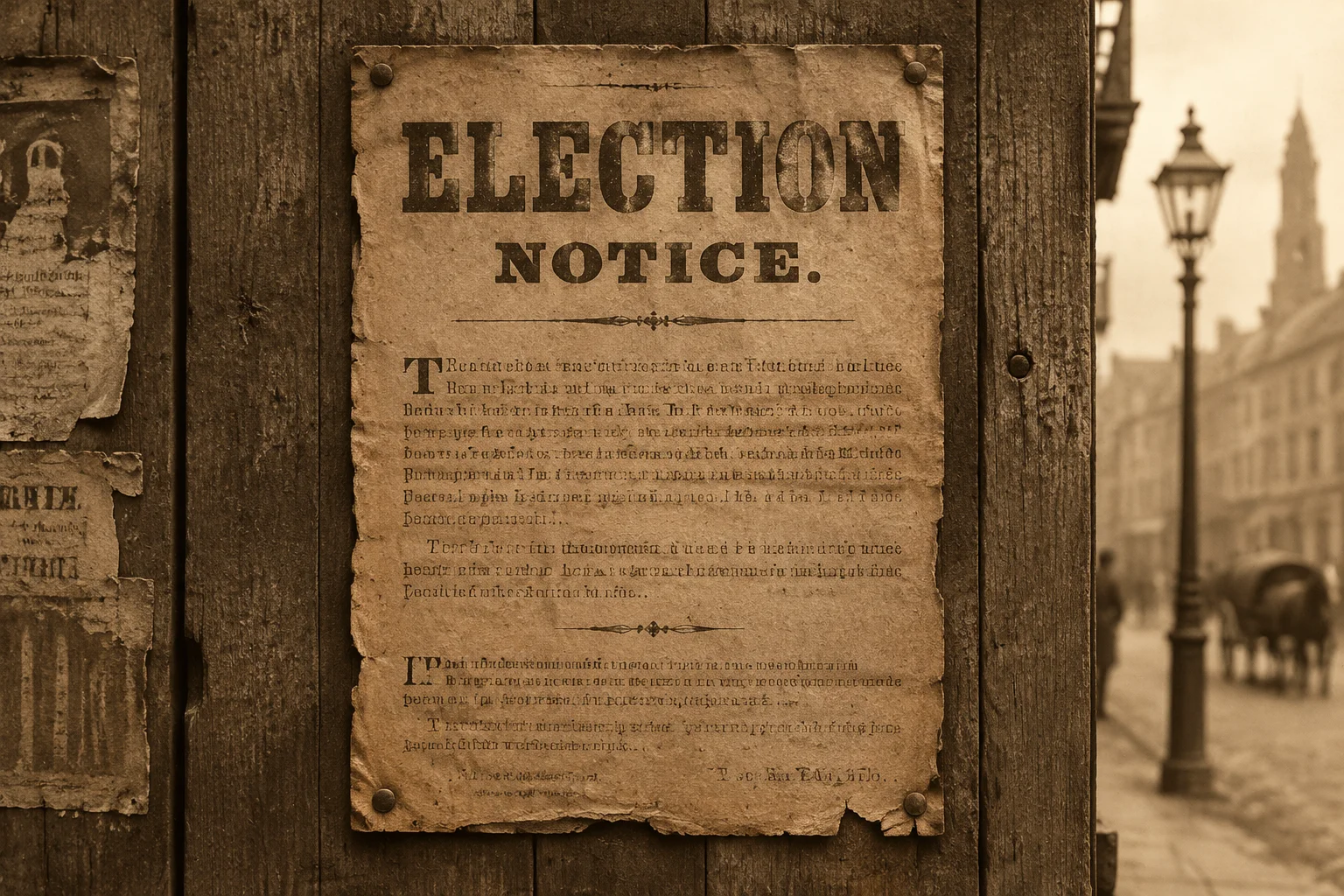 The Election Decided By A Dead Man: The True Story of Missouri's 2000 Senate Race 17 An archival-style image of a 19th-century election notice on a wooden board, unreadable period text, sepia tones.