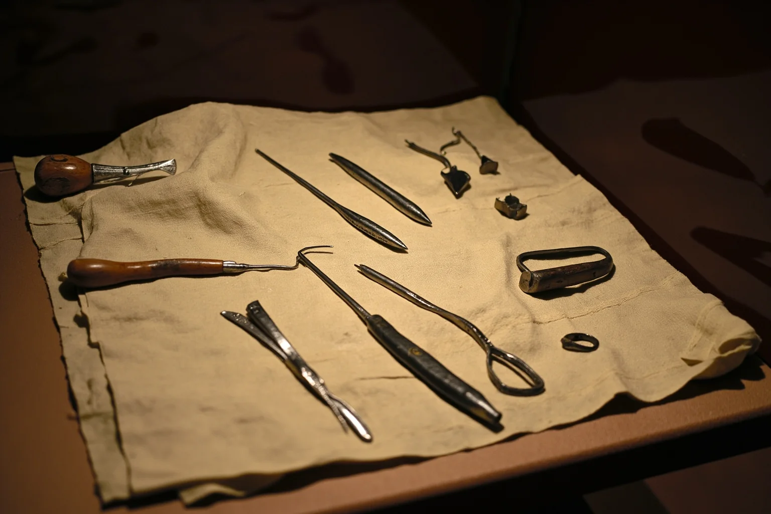 An array of ancient Roman surgical instruments laid out on cloth, softly lit