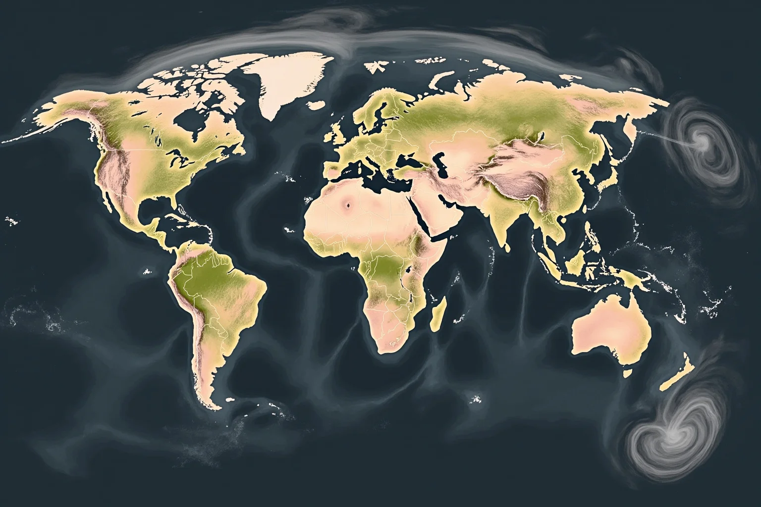An artistic depiction of a global map with swirling dust and sulfate aerosols spreading from a single impact point across continents, showing how one location affected the whole planet, stylized and educational.