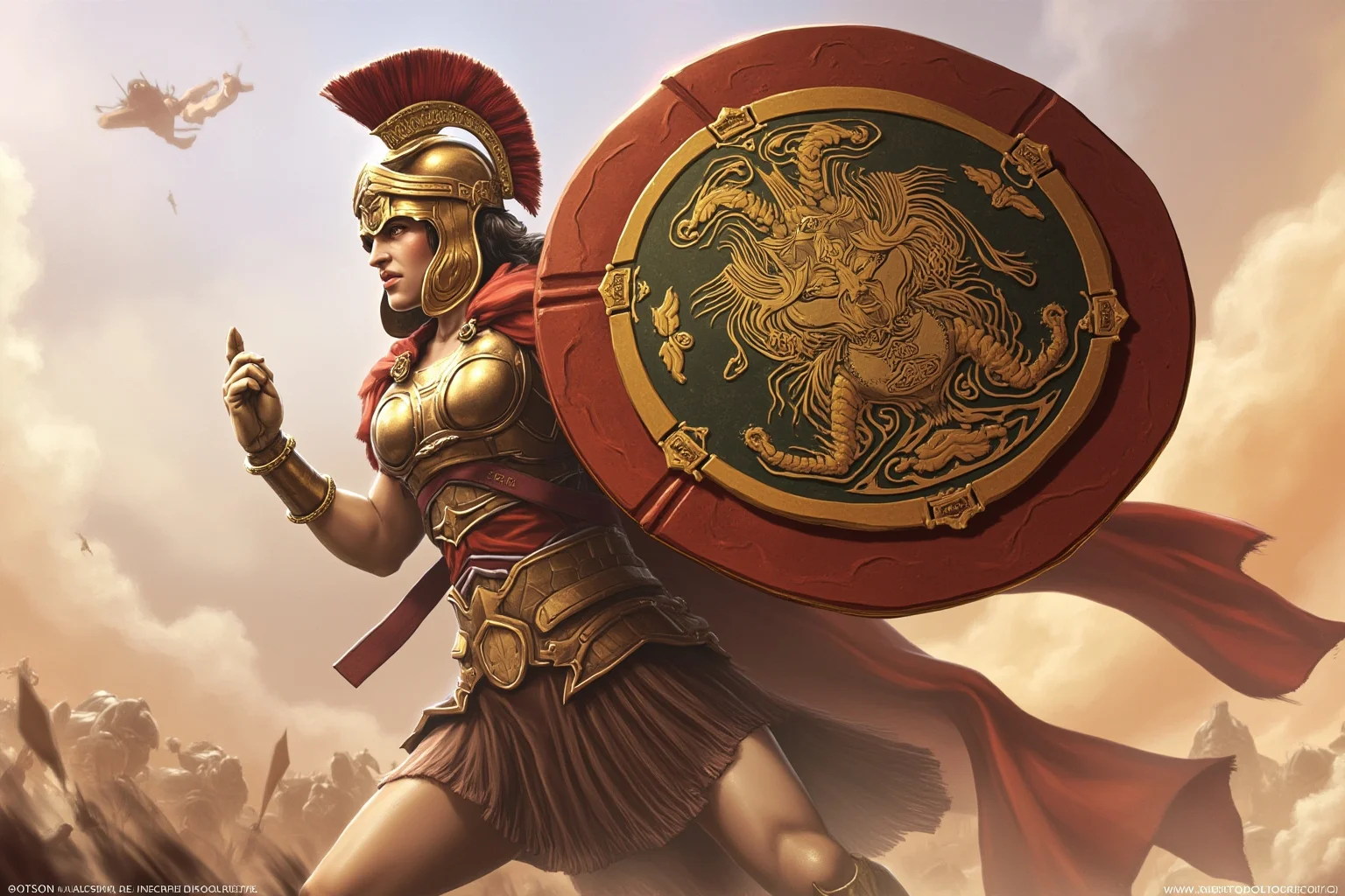 Yes, Female Gladiators Existed — And Here's Everything You Need to Know About Them 17 An artistic depiction of an Amazon-type gladiator with light armor and a shield bearing mythological imagery
