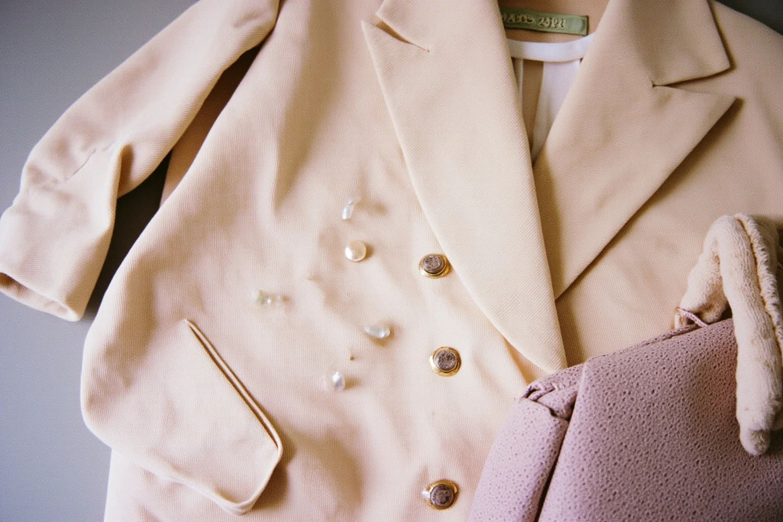 Things To Learn About The Beloved Princess Diana 8 An artistic flat-lay of 1980s and 1990s fashion items including a tailored blazer, pearl earrings, and a handbag, neutral background, no people.