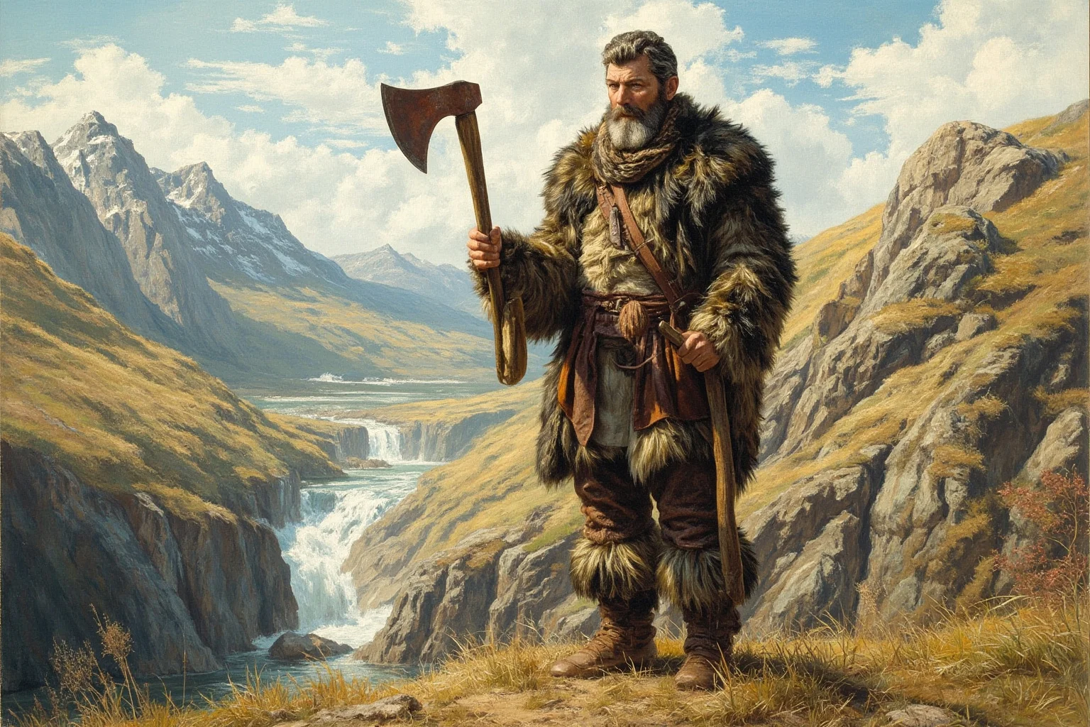 Tzi The Iceman's Curse: How Ötzi Really Died and Why the Legend Endures 3 An artistic reconstruction of a Copper Age man in fur clothing standing in a mountain pass, holding a copper axe, painterly historical illustration style.