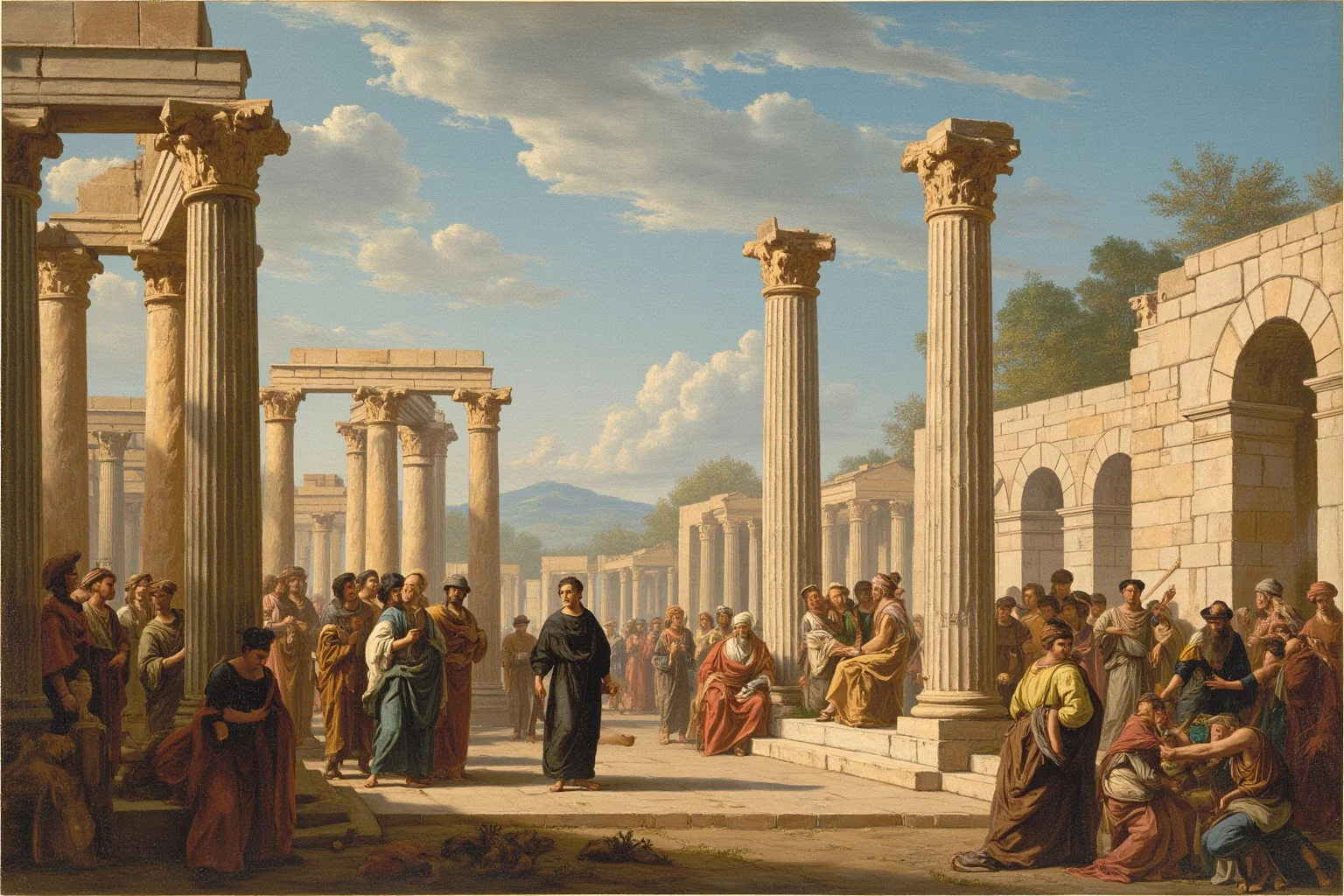Earliest Laws We Still Practice Today: 10 First Law Codes That Shaped Modern Rules 8 An Athenian agora scene with stone pillars and citizens gathered in discussion, rendered in a classical painting style.