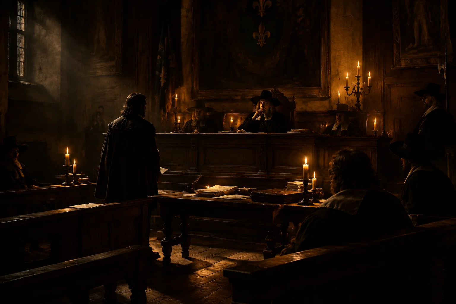 The Panic That Made France Think Poison Was Everywhere 2 An atmospheric illustration of a secret candlelit tribunal room in 17th-century France, wooden benches and documents, shadowy figures, dramatic Rembrandt-style lighting.