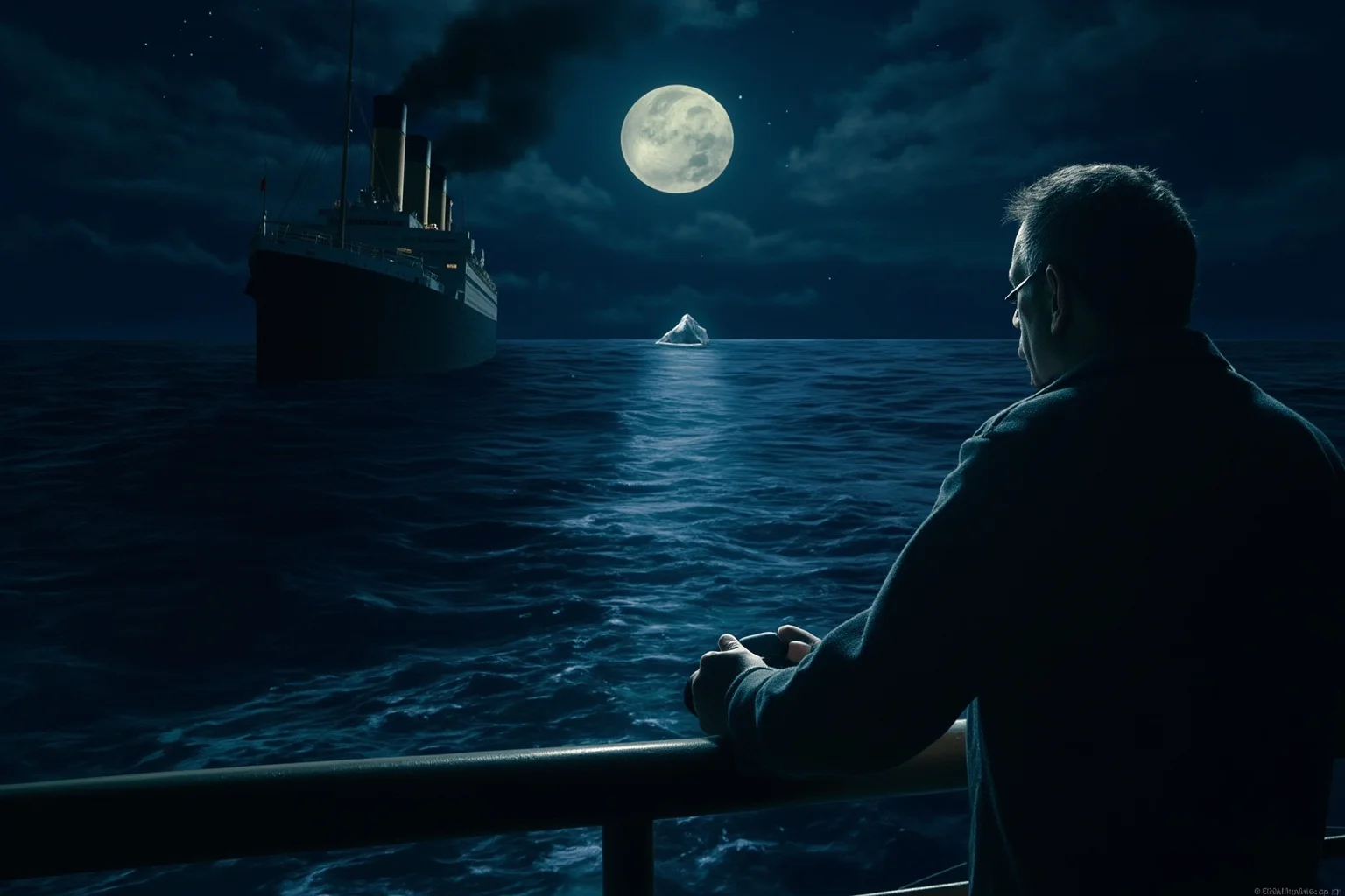 The Craziest Examples of the Butterfly Effect Throughout History 20 An atmospheric illustration of the Titanic's moonlit calm ocean at night, a lone iceberg ahead and a lookout's empty hands gripping a rail, binoculars noticeably absent.