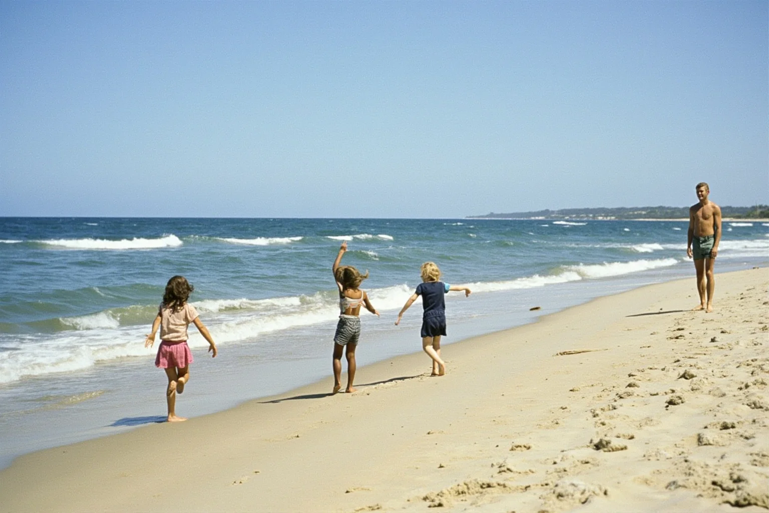 Scariest Missing Persons Cases in History: 20 Creepy Disappearances That Still Baffle Us 13 An Australian beach in the 1960s with three children playing near the water, a tall blond man watching from afar, sunny but eerie, no text.