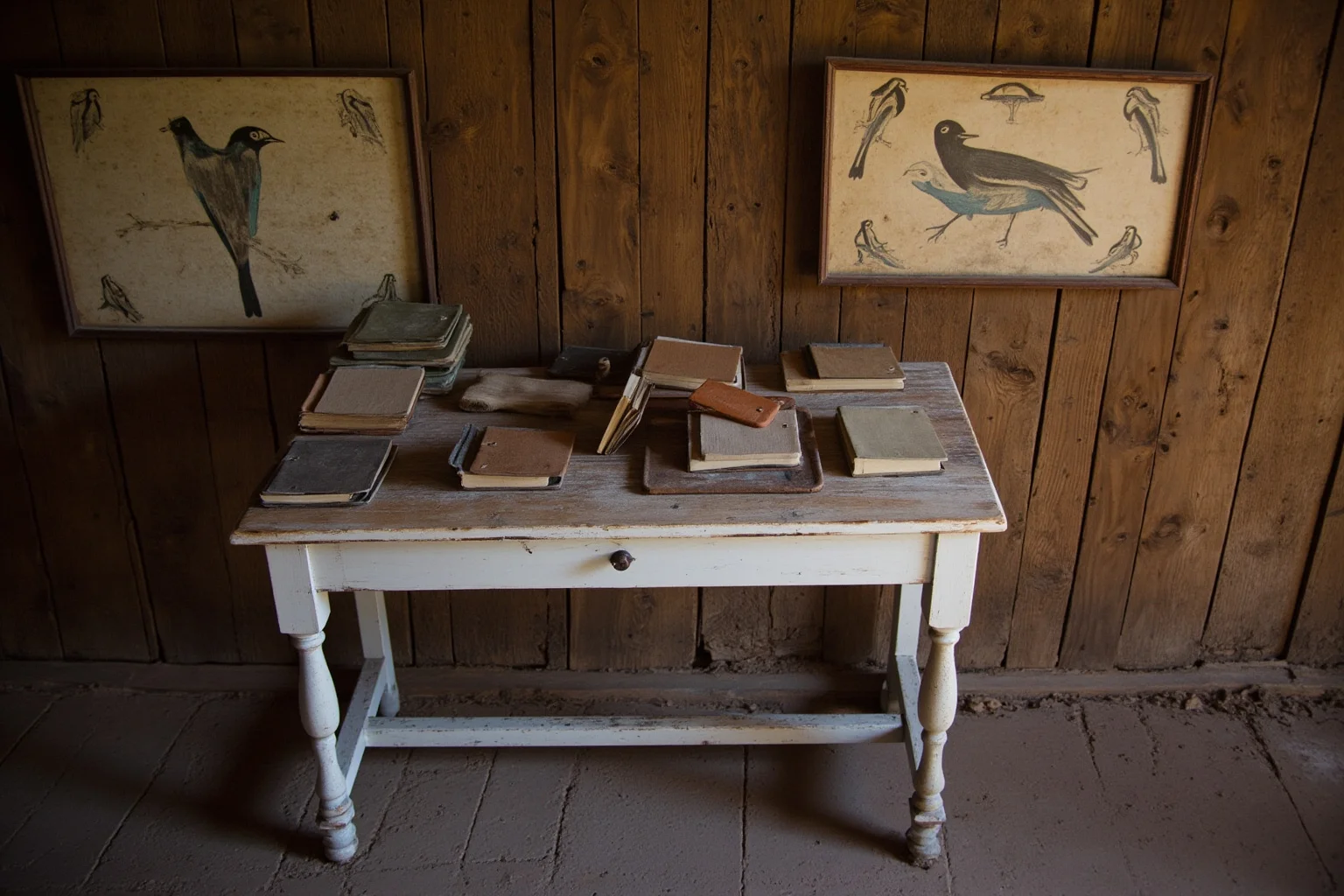An early 19th-century American frontier cabin with bird paintings and field notebooks on a table, no people visible.