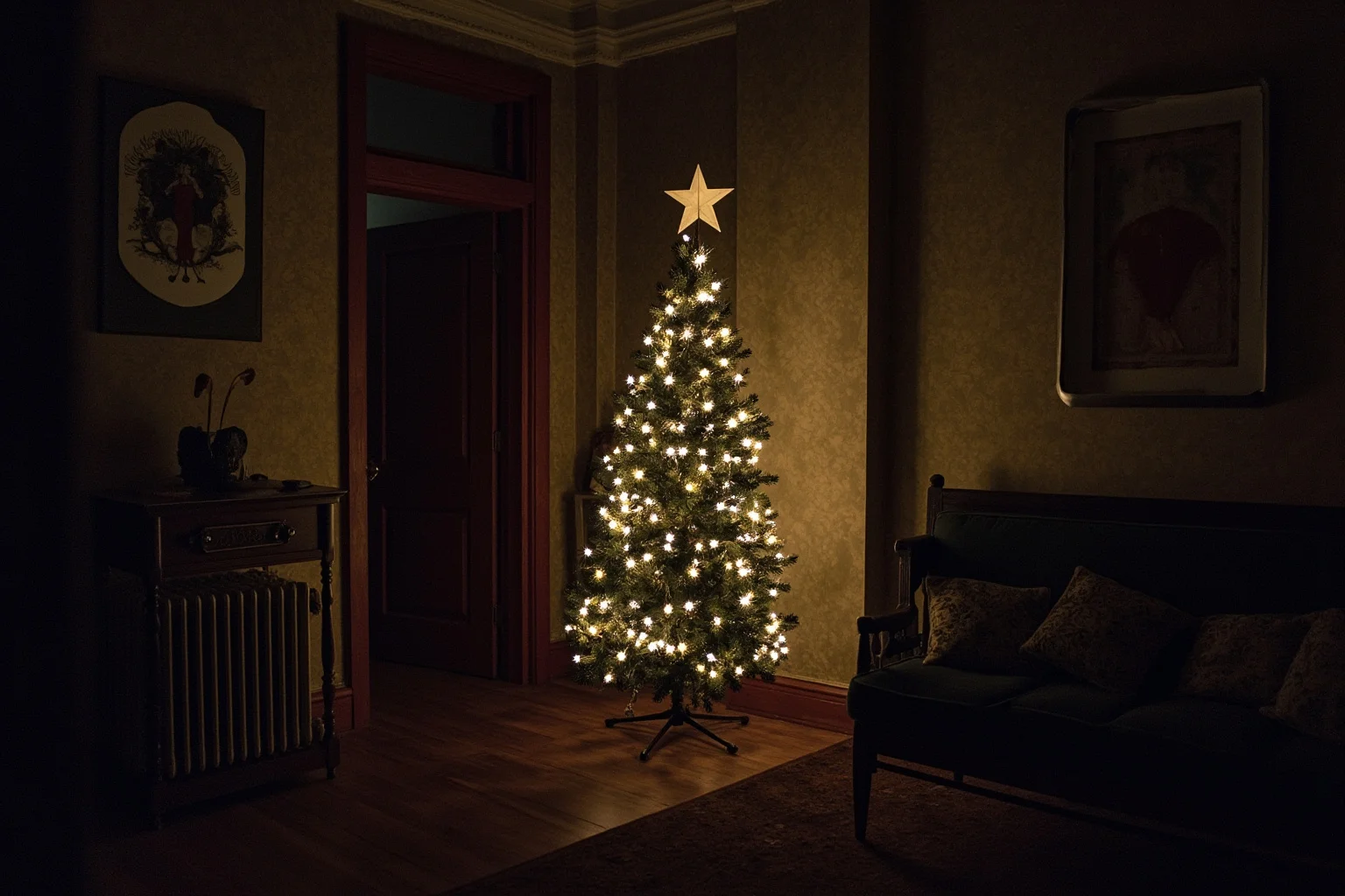 An early electric Christmas tree with glowing bulbs in a Victorian White House room, no people.