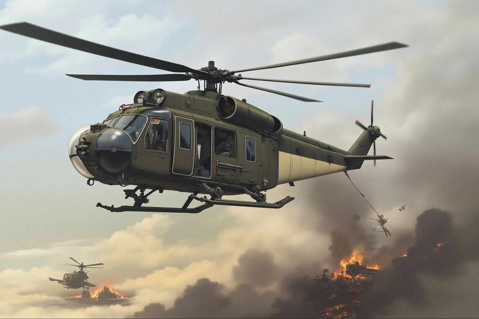 An early Sikorsky R-4 helicopter hovering over a rescue scene, 1944, historical aviation art