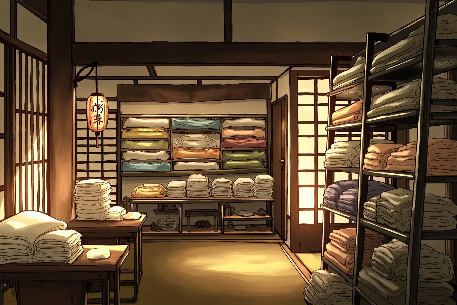 Old Money: 24 Hidden Dynasties That Shaped the Course of History 14 An Edo-period Japanese dry goods shop with folded kimono fabrics and wooden shelving, paper lanterns, warm interior light, no faces visible, historical illustration style.