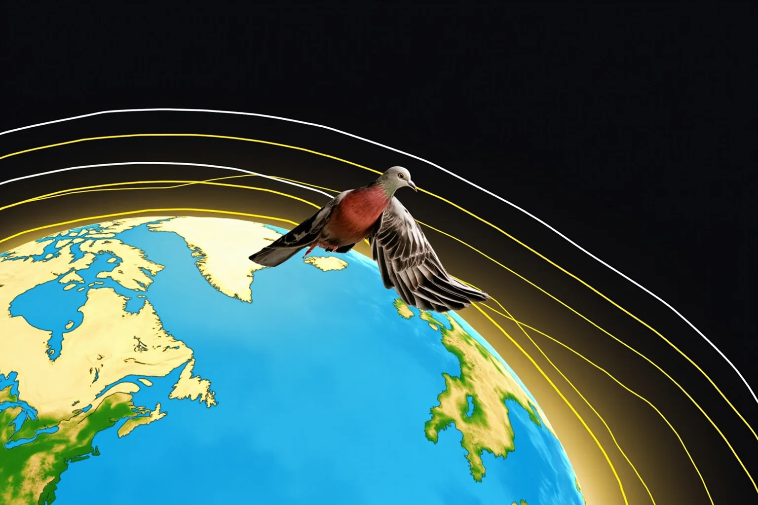 An educational diagram showing Earth's magnetic field lines curving around the globe with a pigeon navigating above a varied landscape