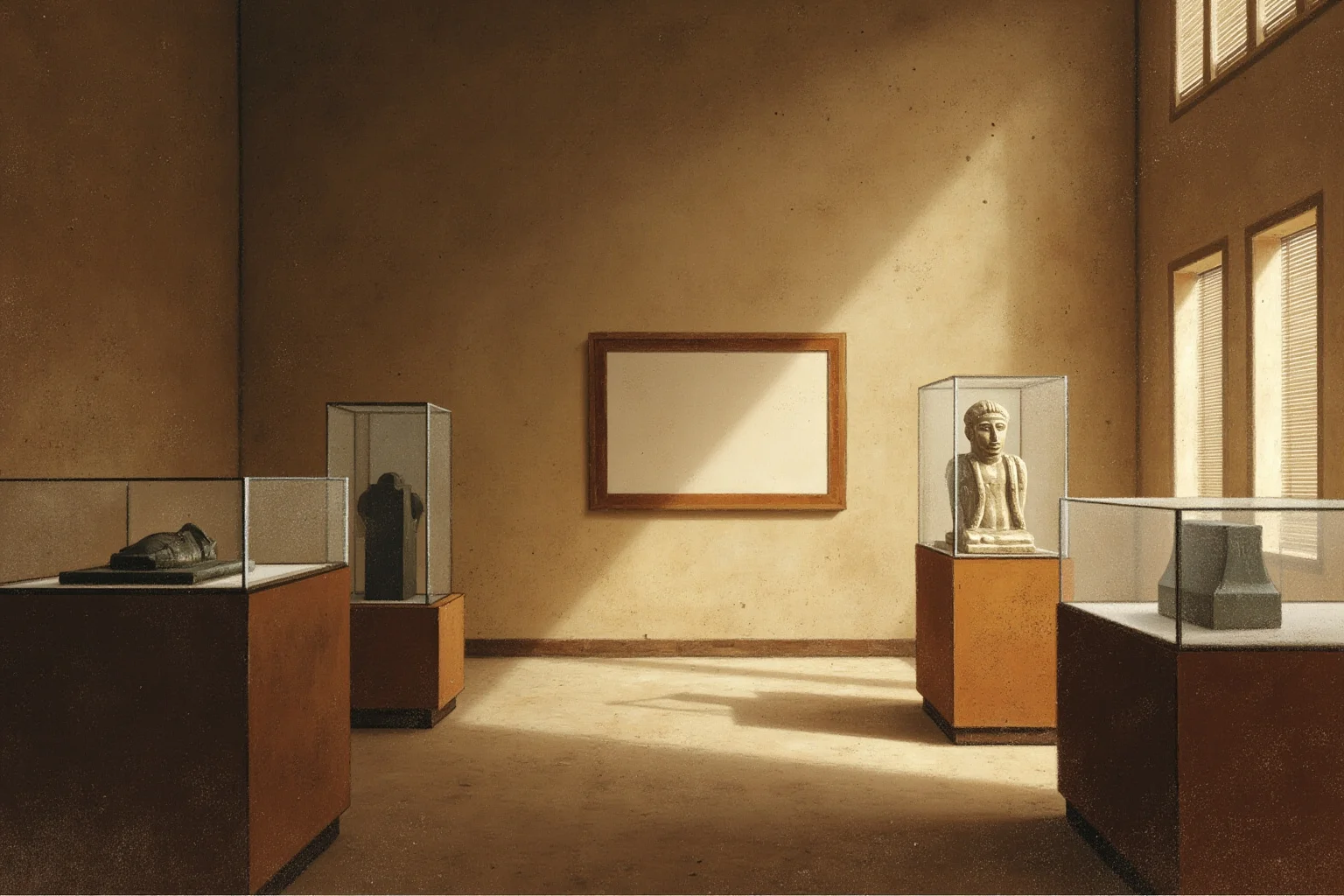 22 Famous Paintings That Were Stolen — Including 10 That Were Never Recovered 20 An Egyptian museum gallery with an empty frame on the wall and dusty glass display cases, harsh daylight through shutters, painterly illustration.