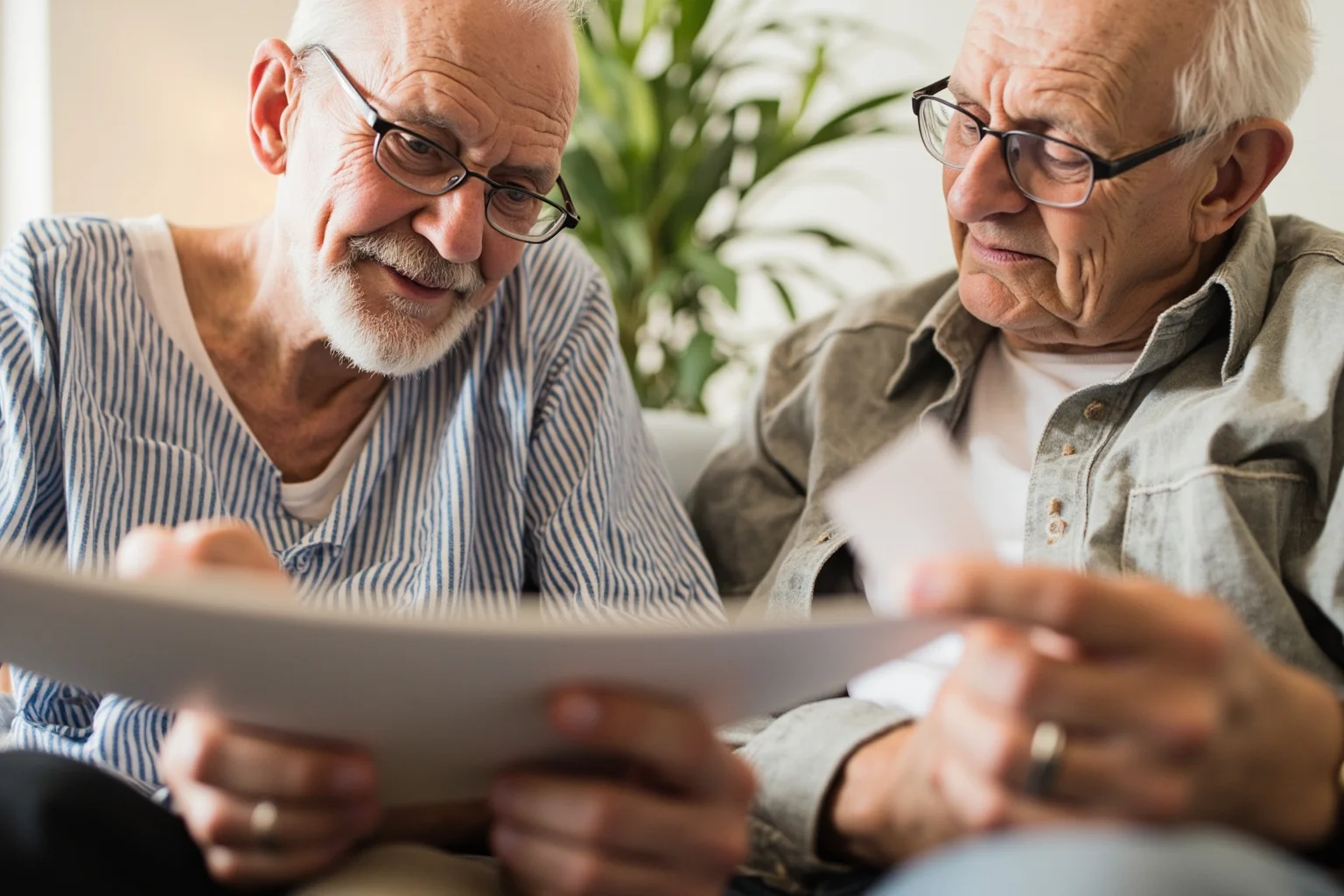 An elderly couple reviewing their savings passbook, looking frugal but hopeful.