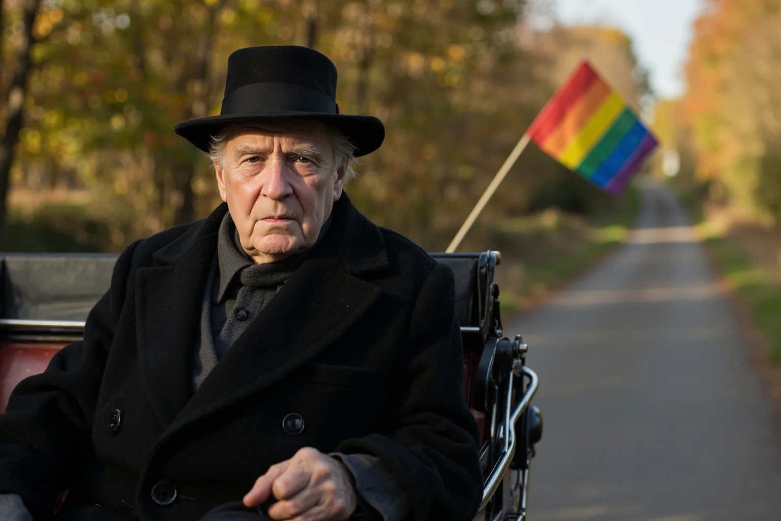 An elderly exiled king in a black coat seated in a carriage on a country road, a tricolour flag half-visible at the far edge, autumn light.