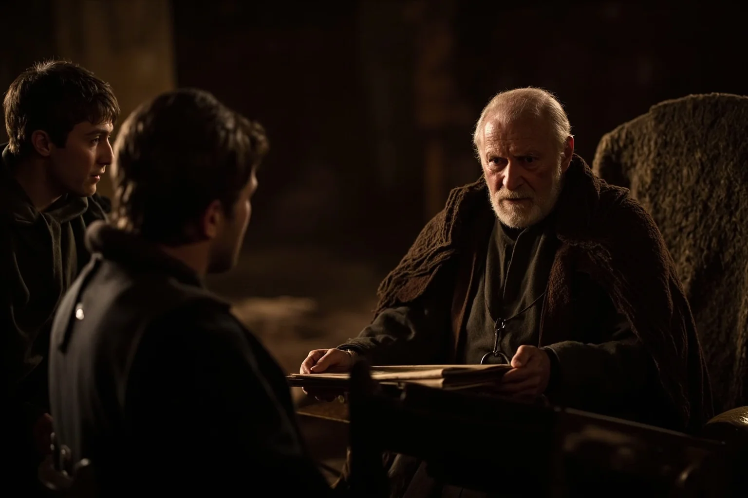An elderly Renaissance emperor in a dark hall handing sealed documents to two younger noblemen, a monk's rough robe draped over a chair behind him, warm chiaroscuro lighting.