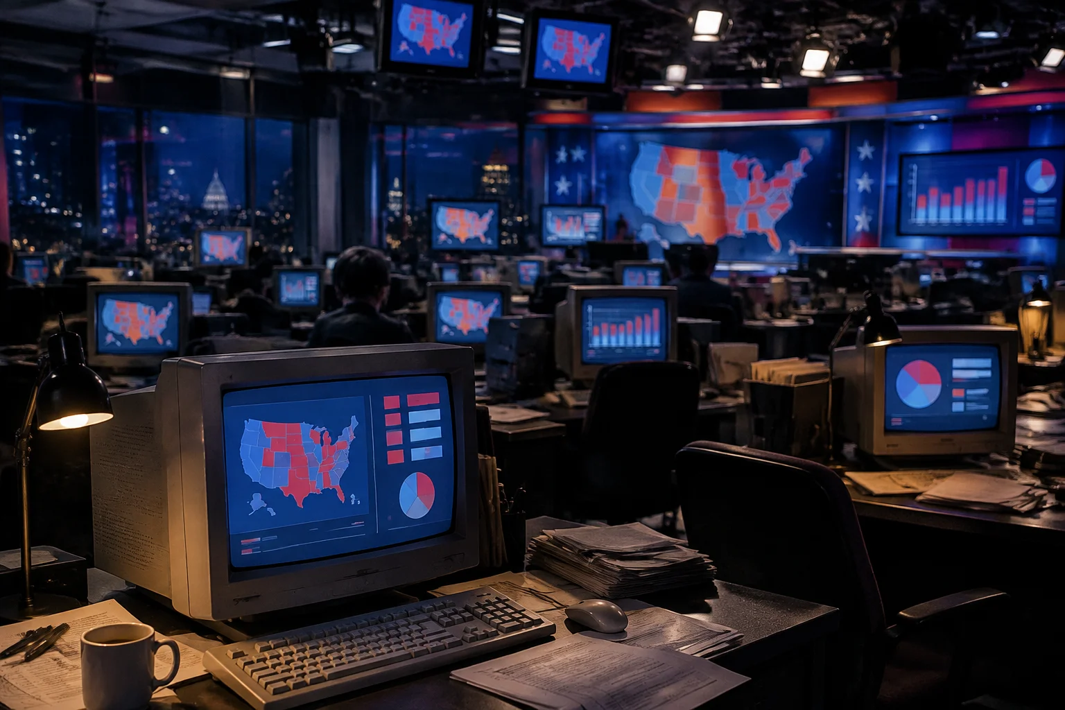 The Election Decided By A Dead Man: The True Story of Missouri's 2000 Senate Race 14 An election night newsroom scene with old CRT monitors and generic charts, no readable text or faces.