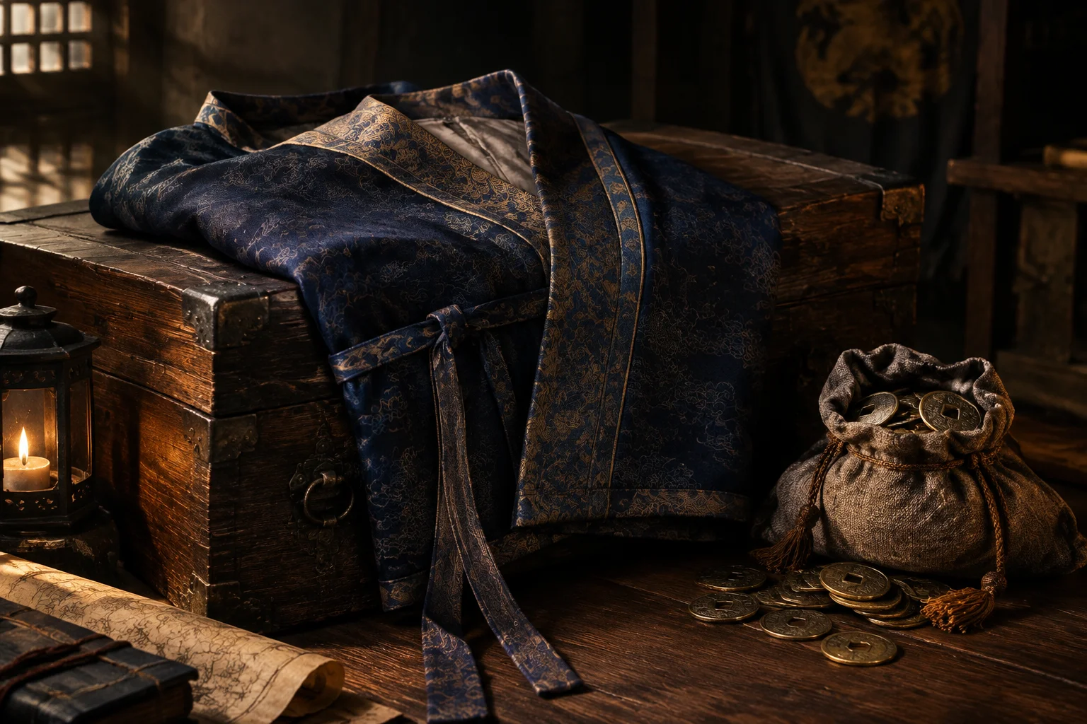 An elegant folded robe draped over a wooden chest beside a small sack of coins, moody historical still life.