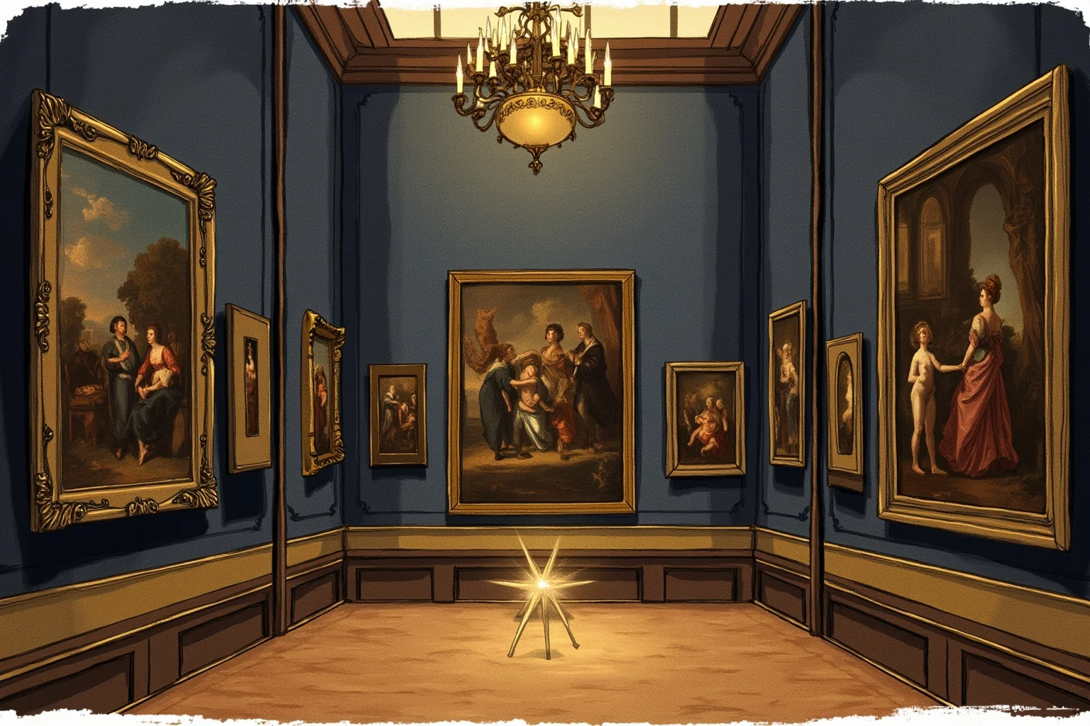 22 Famous Paintings That Were Stolen — Including 10 That Were Never Recovered 16 An elegant gilded museum room with a chandelier, one empty frame among portraits, deep blue walls, soft warm light, painterly illustration.