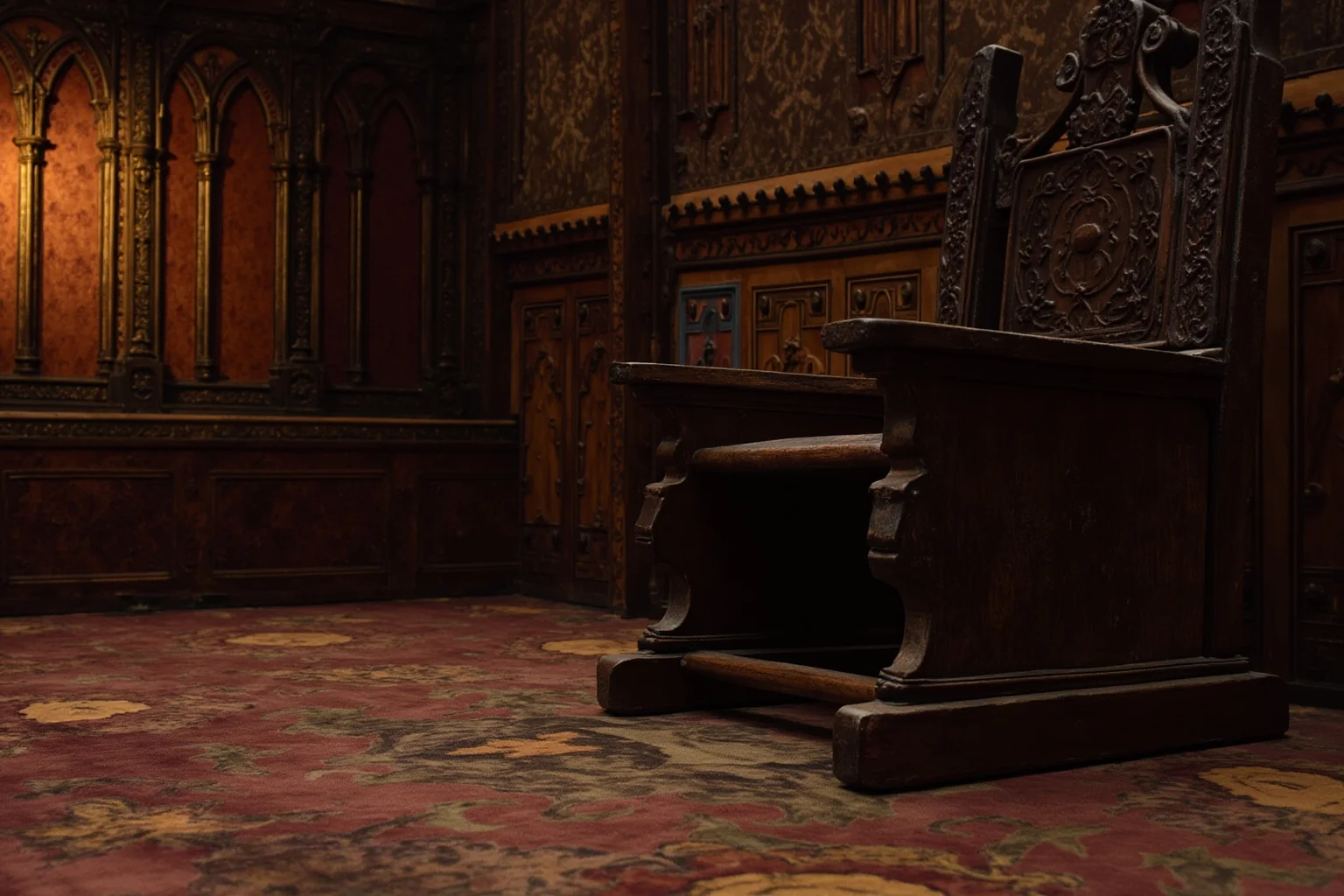 An Elizabethan court chamber with a carved wooden chair and rich fabrics, no people visible.