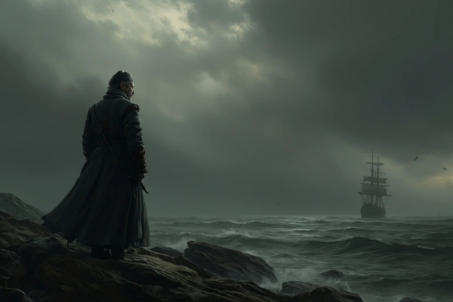 An emperor in a grey greatcoat standing on a rocky island shore staring at the horizon where a distant ship sails, muted stormy colours, romantic painting style.