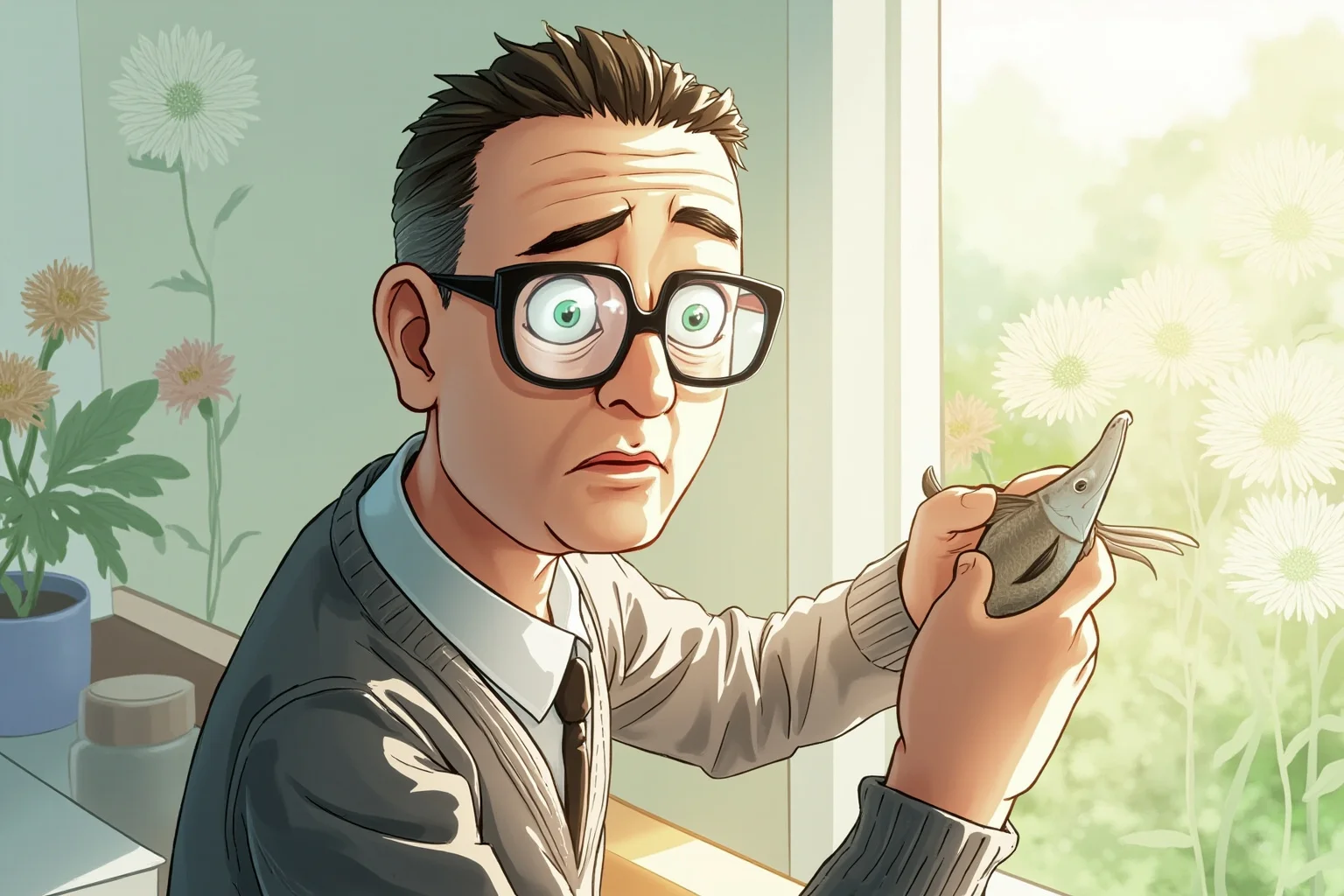 An emperor in a simple cardigan and spectacles examining a small fish specimen in a bright laboratory, a garden and chrysanthemum motifs visible through the window, gentle natural light.