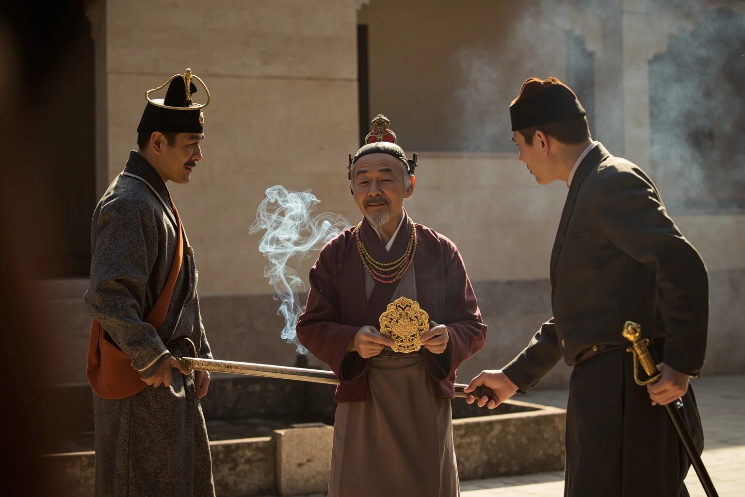 An emperor in traditional robes handing an ornate golden seal and a ceremonial sword to waiting officials in a palace courtyard, incense smoke, warm stone colours.