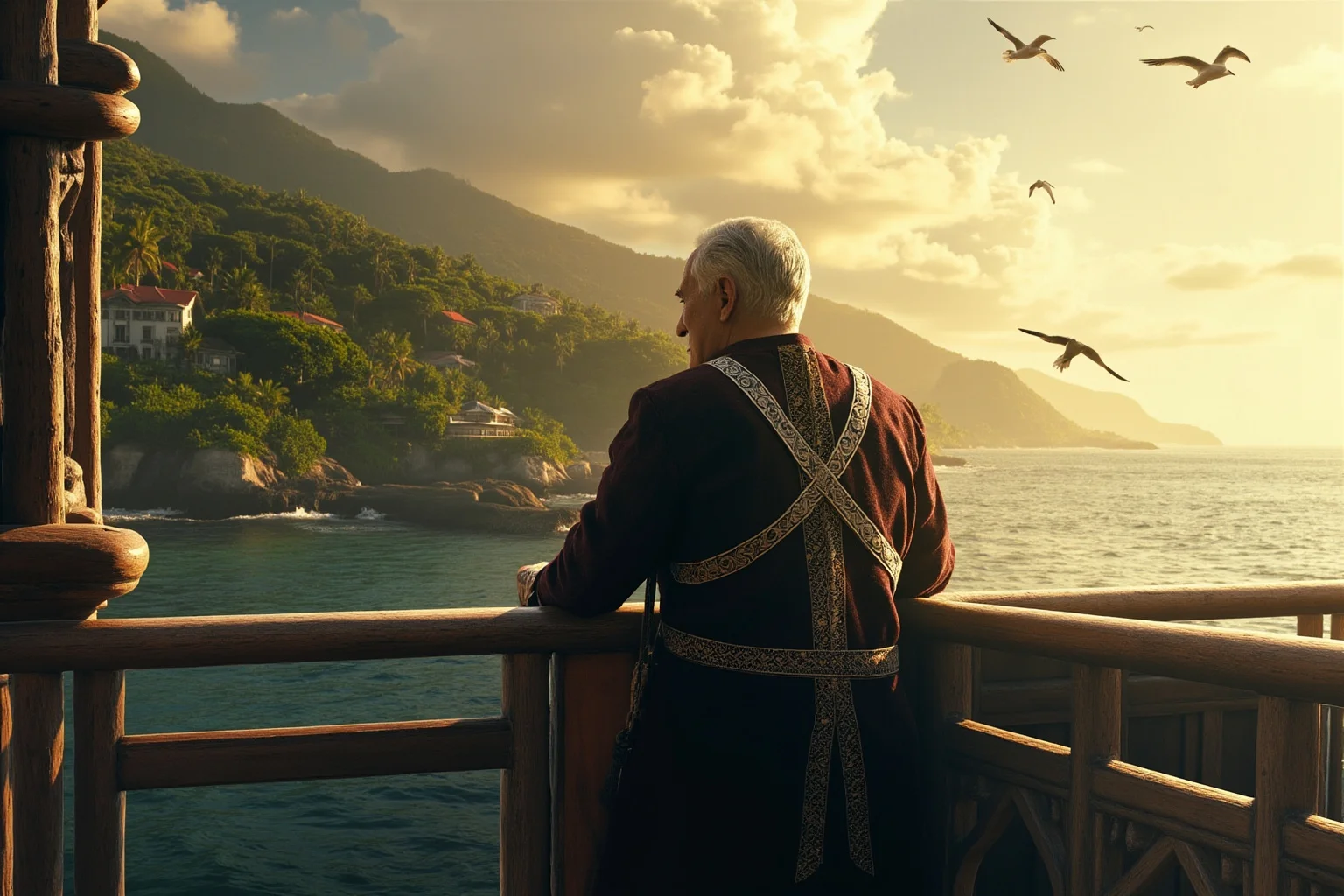 An emperor on the deck of a sailing ship looking back at a lush tropical coastline, seabirds overhead, warm golden-hour palette.
