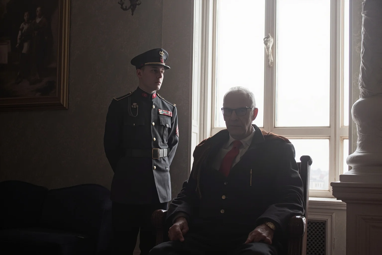 An emperor seated by a tall Prague castle window, a young officer in uniform standing respectfully behind him, pale winter light.