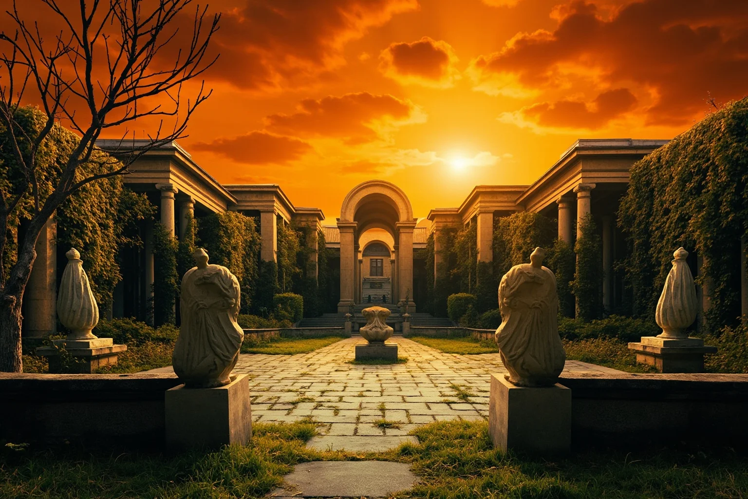 An empty classical city square overgrown with vines under a vast orange sky, abandoned statues, romantic apocalyptic painting style.