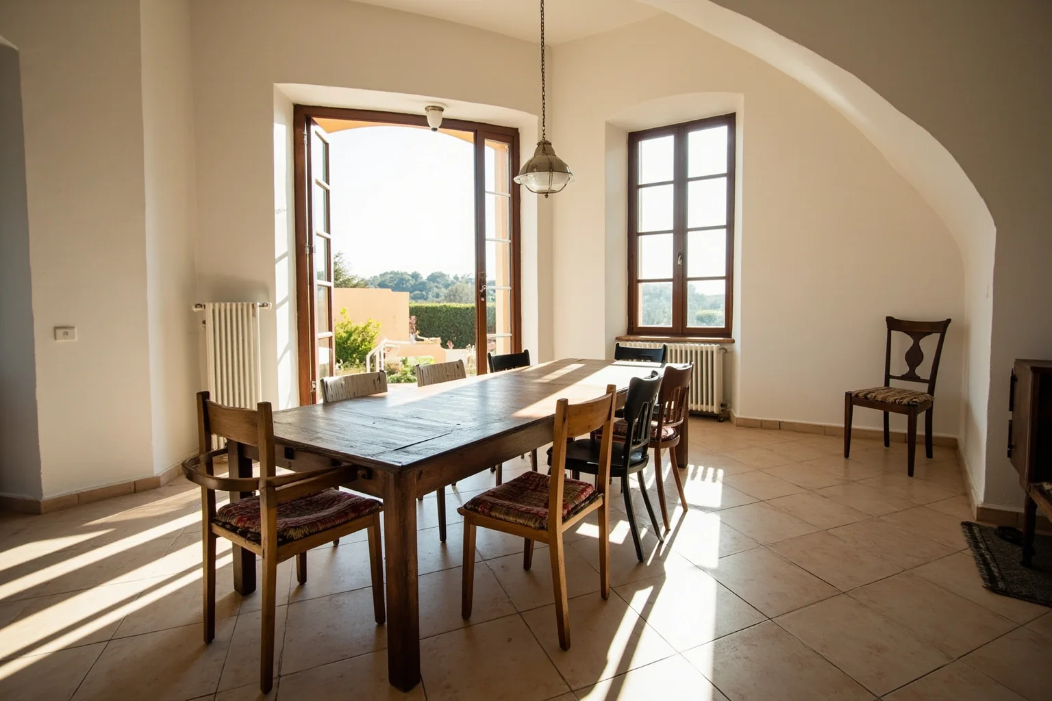 An empty family dining table with mismatched chairs in a sunlit Mediterranean villa, one chair pushed back, wistful mood