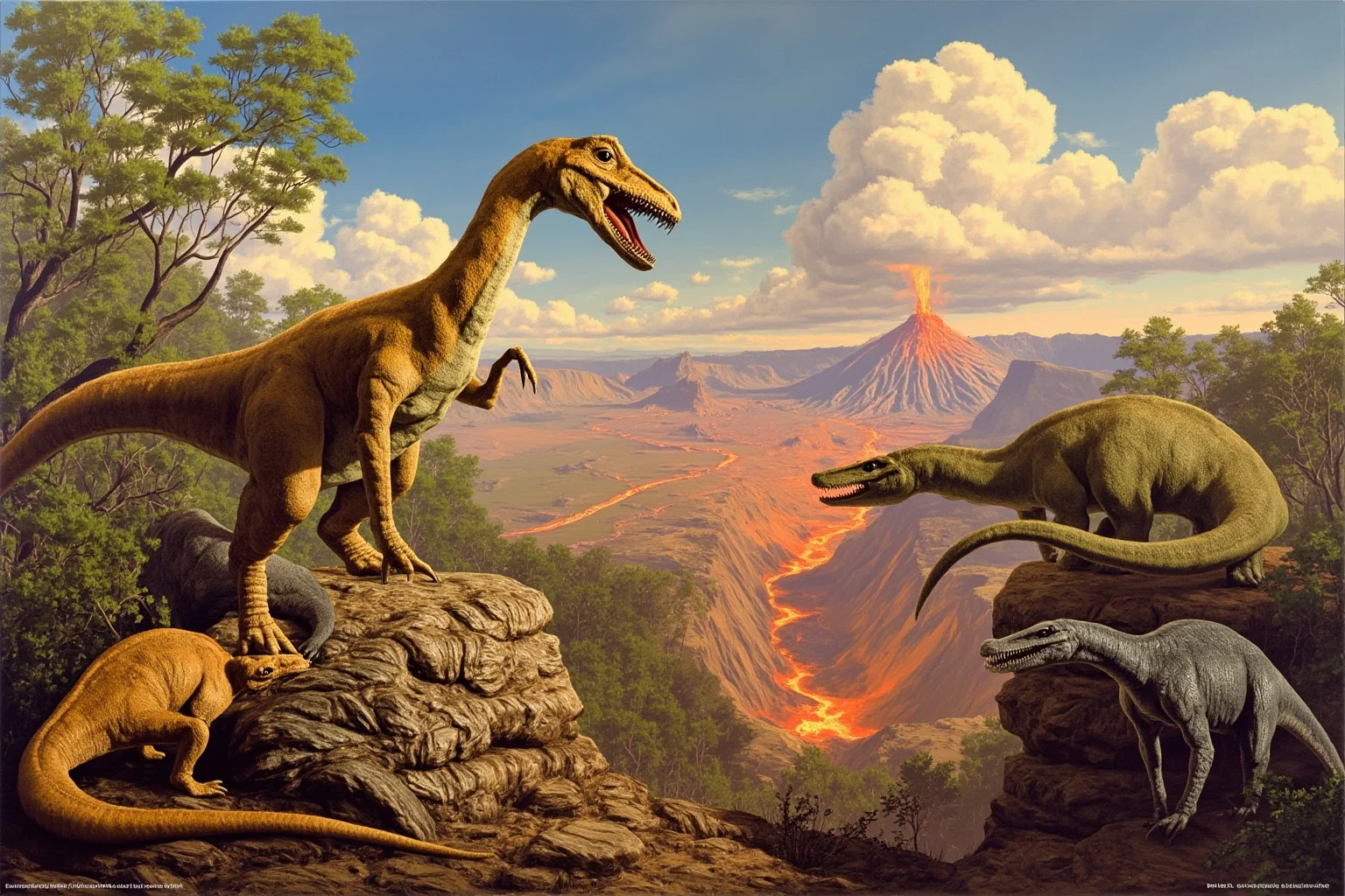 An end-Triassic scene with early dinosaurs and mammal-like reptiles near a volcanic rift valley, with Pangaea breaking apart in the background.